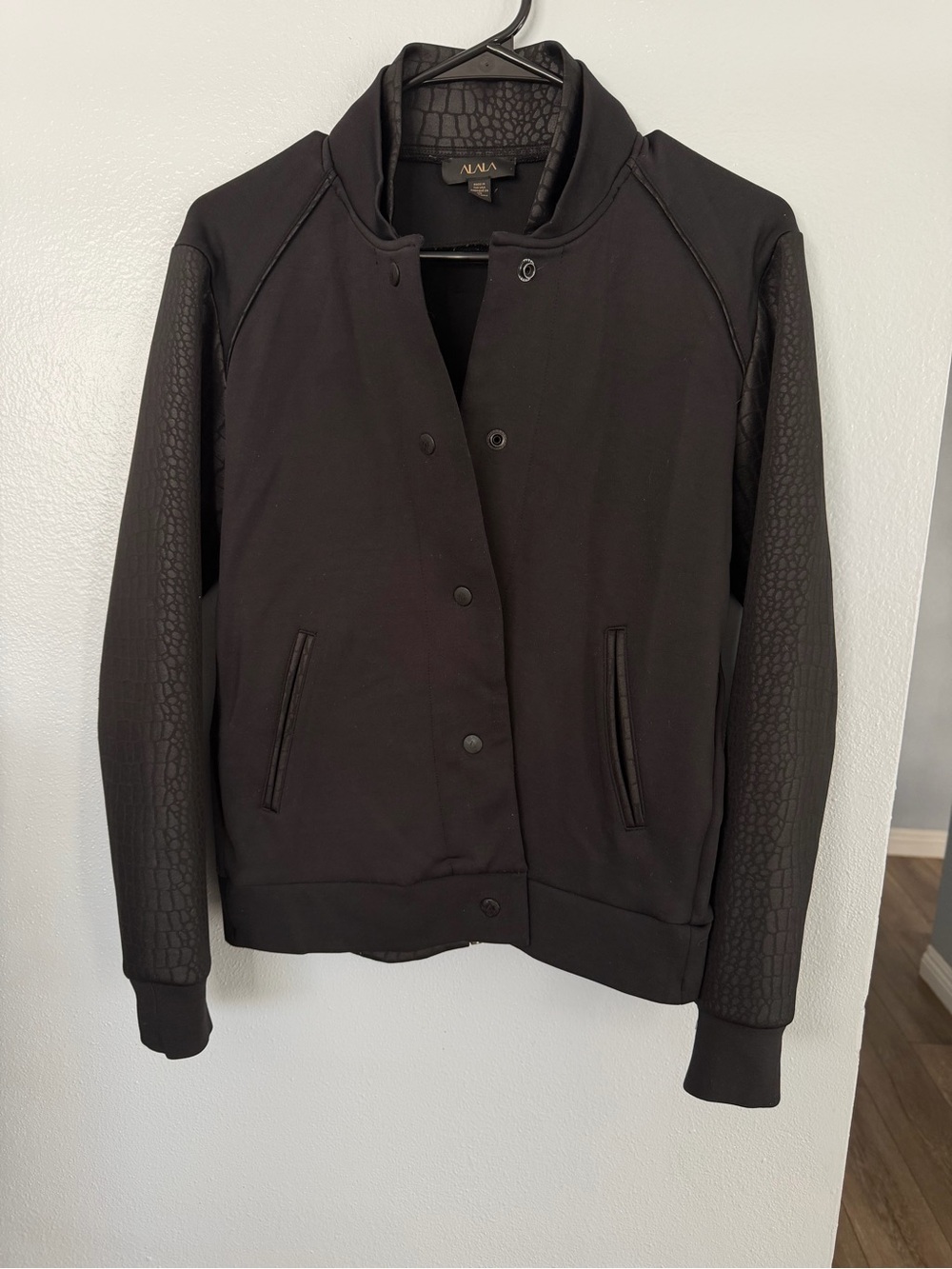 black Alala mix-media signature bomber jacket with a snap-button front size XS